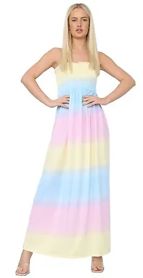 Womens Ladies Bandeau Strapless Summer Long Boobtube Rainbow Sheering Maxi Dress • £11.99