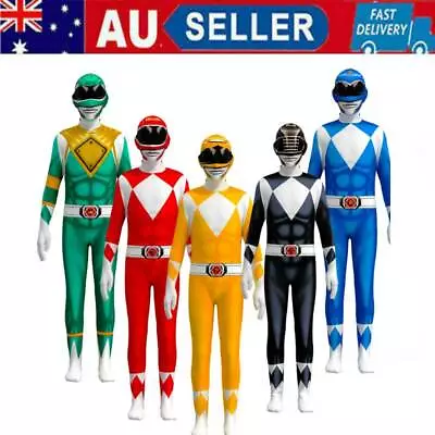 Kids Adult Power Rangers Mighty Morphin Jumpsuit Costume Fancy Dress Cosplay Set • $38.99