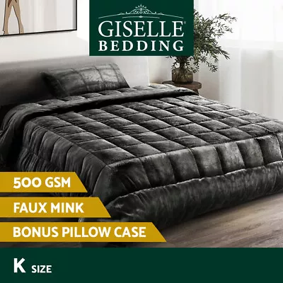 Giselle Bedding Faux Mink Quilt Fleece Throw Blanket Comforter Charcoal King • $79.95