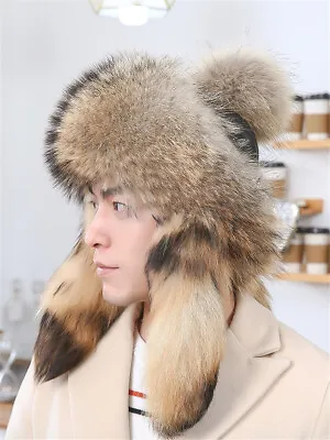 100% Real Raccoon Fur Hat Thicken Winter Warm Mongolian Cap Outdoor Ushanka • $70.66