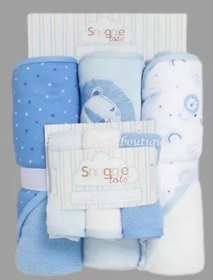 3 X Baby Boys Blue Hooded Towels & 3 X Wash Cloth Flannel Set Baby Boys Gift Set • £16.99