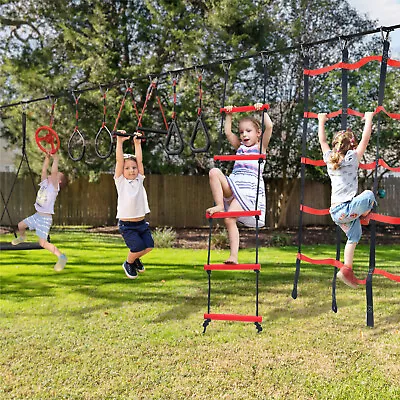 50FT Ninja Warrior Obstacle Course For Kids W/Monkey Bar Gym RingSwing Seat • $125.54