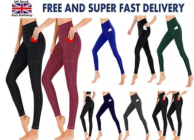 £7.99 • Buy Women High Waist Gym Leggings Yoga Pants Pockets Running Fitness Crossed Sports