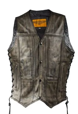 Men's Distressed Brown Leather Vest Motorcycle Side Laces Concealed Waistcoat • $101.69