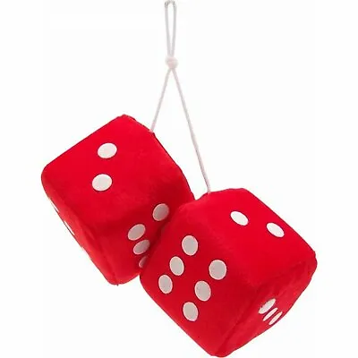 3  Red Fuzzy Dice With White Dots - Pair VPADICERDW Vintage Parts Usa Hot Rod • $22.76