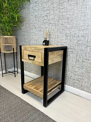 Industrial Rustic Solid Wood Bedside Table Black Metal Legs (B106) Bali Range • £139.95