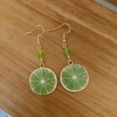 Lime Slice Dangle Earrings Hooks Gold Round Fruit Party Jewellery AUS Free Post • $5.95