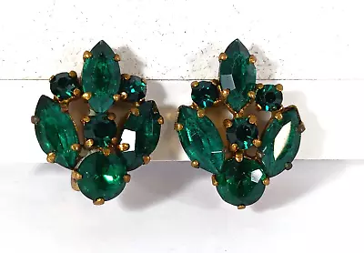 Vintage Germany Signed Green Rhinestone Brass Earrings • $12