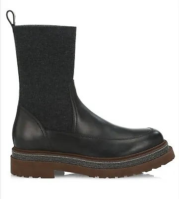 NEW Brunello Cucinelli $1795 40IT Black Calfskin/Monili/Wool Knit Ankle Boots • $898