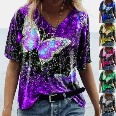 $9.33 • Buy Womens BUTTERFLY Print V-neck T Shirts Blouse Casual Loose Top Short Sleeve Chic