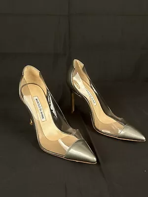 Manolo Blahnik Platinum Patent Leather Pacha Clear PVC Patent Pump Shoe 37.5 7.5 • $234.99