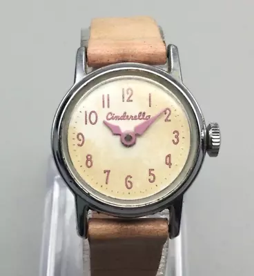 Vintage Cinderella Watch Women Silver Tone Pink Cream Leather Band Manual Wind • $35.99