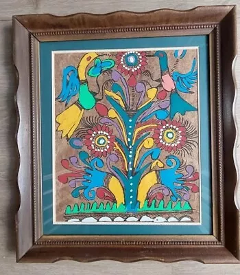 Vintage Mexican Folk Art Painting On Amate Bark Paper. Mounted In 16x18 Frame • $94.99