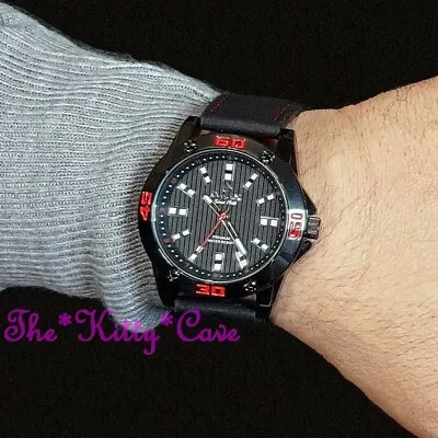 £25.99 • Buy OMAX Waterproof Chunky Black & Red, Swiss Seiko Movt Sporty Leather Watch OAS183