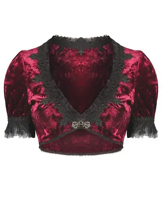 Dark In Love Womens Gothic Lolita Bolero Shrug Top Red Crushed Velvet Black Lace • $30.71