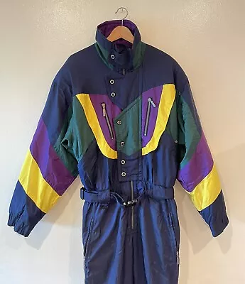 VTG OSSI Mens LARGE Ski Suit Navy Purple Yellow Green OnePiece Belted Retro 80’s • $153