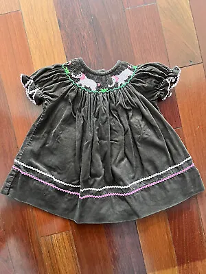 Baby  Smocked Elephant Pink Brown Corduroy Dress 6M Vive La Fete Bishop Ric Rac • $14.99
