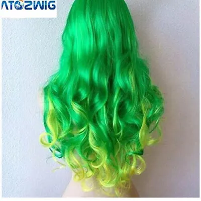 Fashion Women Green Ombre Yellow Synthetic Hair Long Body Wave Wigs Cosplay Gift • $9.49