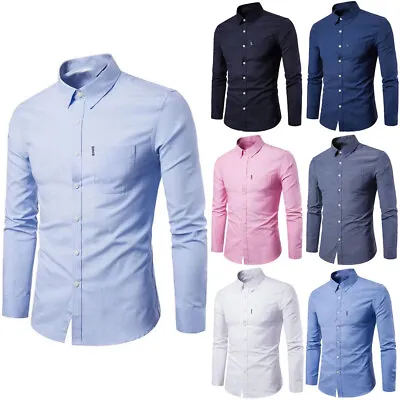 Mens Casual Work Shirt Long Sleeve Oxford Collar Formal Button Down Shirts Size • £11.99