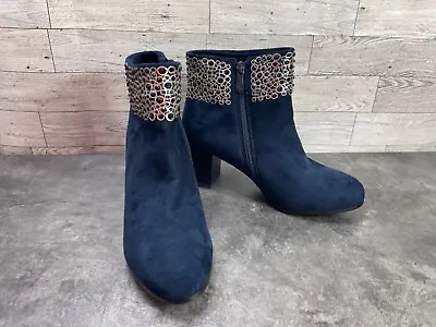 Midnight Velvet Women Shoes Navy Blue 6.5M Suede Rhinestones Comfort Ankle Boots • $37.82