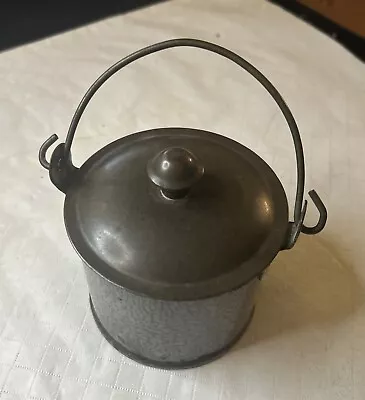 Vintage Small Gray Enamelware Berry Bucket/Lunch Pail With Tin Lid & Bail Handle • $45