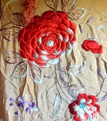 Vintage 1920s Piano Shawl Embroidered Silk Scarf Red Flower • $150