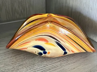 Vintage MURANO Italy Orange Yellow Blue Swirl Glass Centerpiece Art Decor Bowl • $40