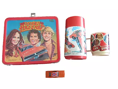 VINTAGE 1980 DUKES OF HAZZARD TIN LUNCH BOX THERMOS COFFEE MUG CUP And CAR • $135