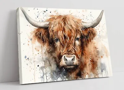 Highland Cow Watercolour Splash Art -deep Framed Canvas Wall Art Print • £39.99