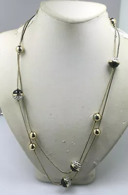 Vintage Anne Klien Gold Tone Chain Clear Rhinestone Black Enamel Necklace 40  • $8.99