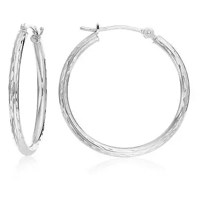 14K Real Solid White Gold Full Diamond-Cut Round Creole Hoop Earrings All Sizes • $99.99