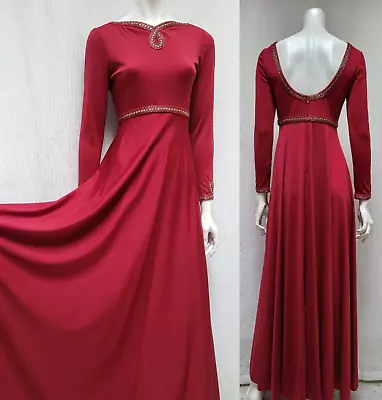 Beautiful Vintage 1970s VICTORIA ROYAL Dark Red Beaded Jersey Knit DRESS - XS/S • $144