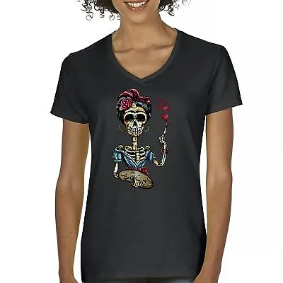 Frida Kahlo Sugar Skull Women's V-Neck T-shirt Calavera Day Of The Dead Tee • $19.95