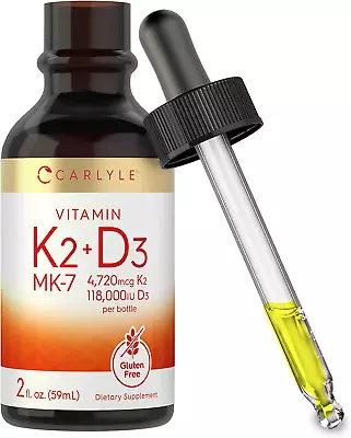 $10.89 • Buy Carlyle Liquid Vitamin K2 MK-7 And D3 | 2 Fl Oz Drops | Vegetarian, Non-GMO, Glu