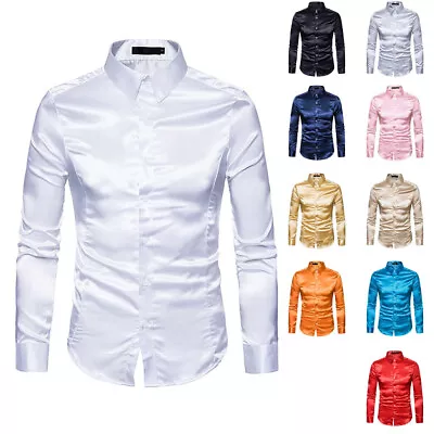 Mens Shiny Satin Dress Shirt Button Up Long Sleeve Business Party Prom Slim Tops • $17.37