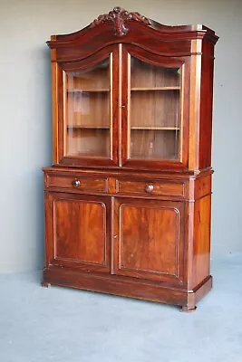 $1299 • Buy Antique Napoleon III Mahogany Bookcase Bevel Glass Doors Carved Original 1850’s