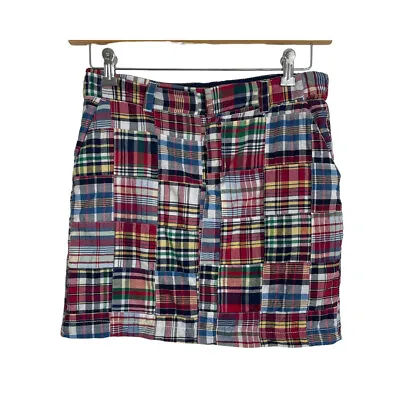 British Khaki Patchwork Madras Plaid Mini Skirt Lined Multicolor Size 2 Pockets • $12.94