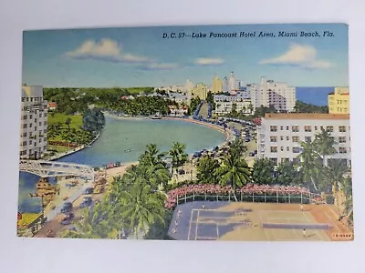 Lake Pancoast Hotel Area.  Miami Beach  Florida. Vintage Linen Postcard • $4