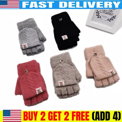 Men Women Winter Wool Knitted Convertible Mittens Flap Fingerless Gloves USA • $8.49