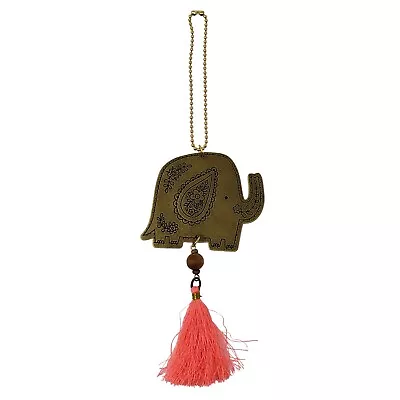 Elephant Brassy Gold Ornament Hanging Neon Pink Tassel Trunk Up 5inch • $11.99