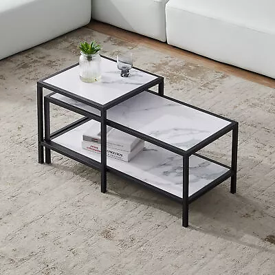 Modern Nesting Coffee Table Square & Rectangle; Black Metal Frame With Wood Marb • $159.01