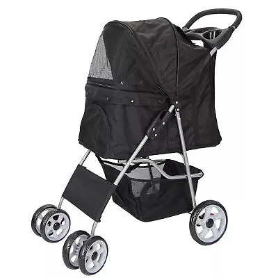 3/4-Wheel Pet Dog Stroller Folding Stroller With Safety Belt & Cup Holder Black • $54.58