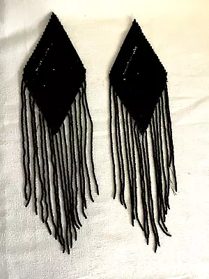 Vintage 1920s Black Hand Beaded Dressr Trim Epaulettes With  Fringe  Sew On • $4