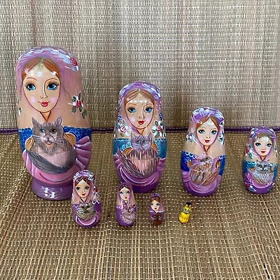 2003 Matryoshka Hand Painted 5.5  Nesting Cat Ladies Dolls 8 Pieces COMPLETE • $28