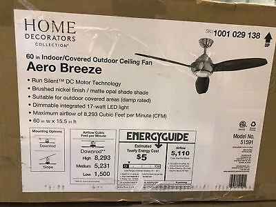 Home Decorators Aero Breeze 60 In. Indoor Brushed Nickel Ceiling Fan New • $139.99