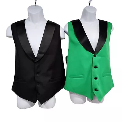 2pc Men XL Vests 1 Black 1 Green Waistcoat Vest Black Satin Lapel 4 Button Close • $26