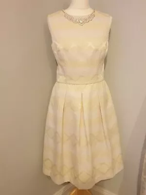 Lemon And Cream Pearl Beaded Maggy London Pleated A Line Dress Size  Uk 12 • £12