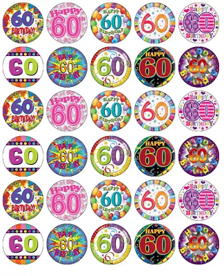 30x 60th Birthday Multicoloured Cupcake Toppers Edible Wafer Paper Fairy Toppers • £2.59