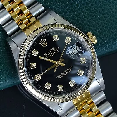 Rolex Mens Datejust Gold Steel Black Diamond Dial Jubilee 36mm Watch 1601 • $4252.50