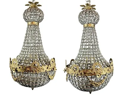 Pair Of Vintage French Louis XVI Chandeliers: Bronze With Gold Leaf Accents • $2200